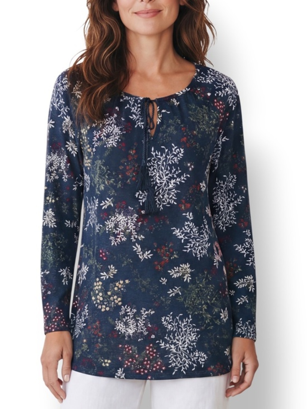 4/$20 Faded Glory Floral Peasant Tunic Top Blue Long Sleeve Tassel Tie Size S